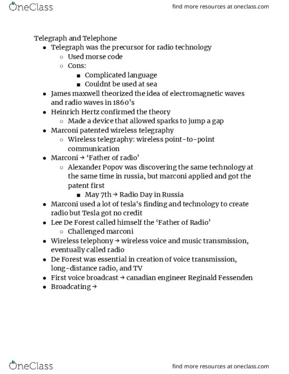 JL MC 101 Chapter Notes - Chapter 5: Morse Code, Reginald Fessenden, Lee De Forest thumbnail