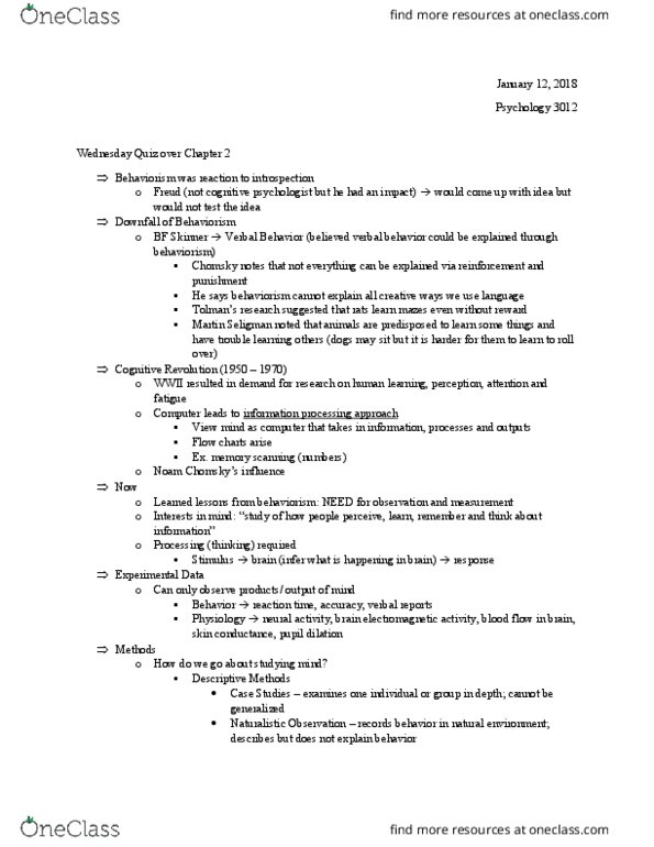 PSYC 3012 Lecture Notes - Lecture 2: B. F. Skinner, Behaviorism, Lesion thumbnail