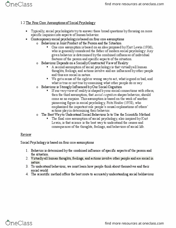 PSYC 2120 Chapter Notes - Chapter 1: Social Cognition, Scientific Method, Kurt Lewin thumbnail