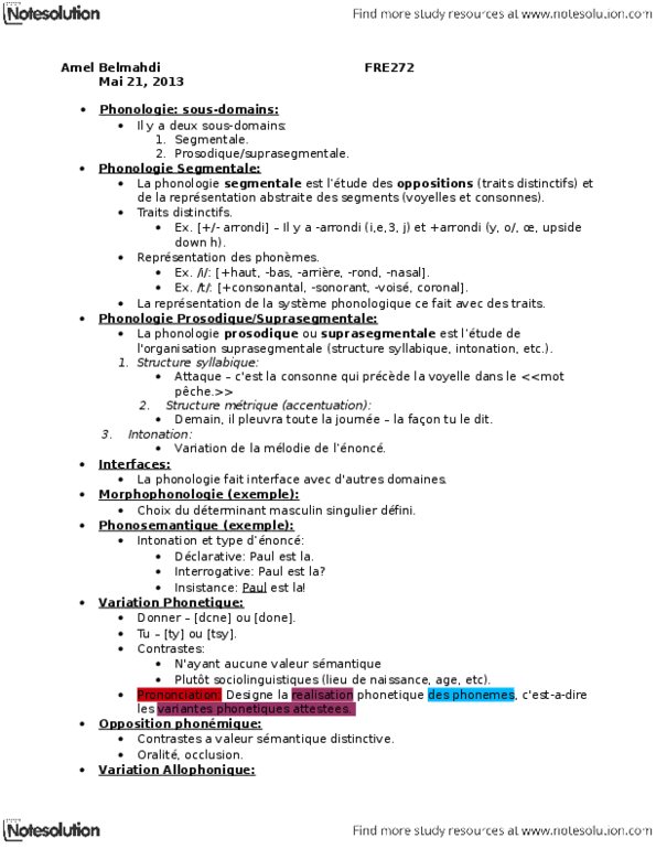 FRE272H1 Lecture Notes - Lecture 3: Vowel, Sonorant thumbnail