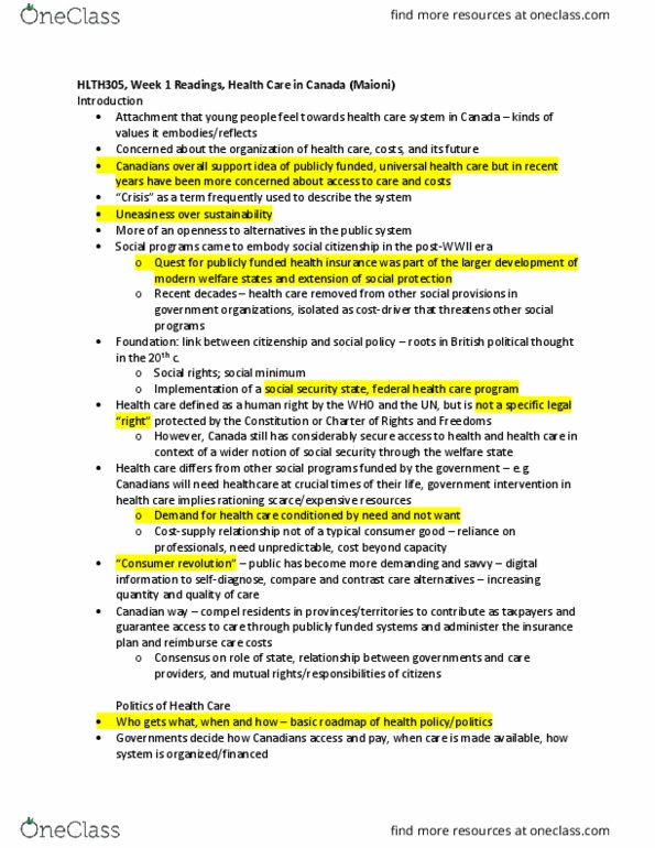 HLTH 305 Chapter Notes - Chapter 1: Final Good, Collective Responsibility, Canada Health Act thumbnail