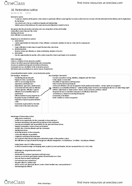 SOC321 Study Guide - Fall 2017, Final - Restorative Justice, Dangerous ...
