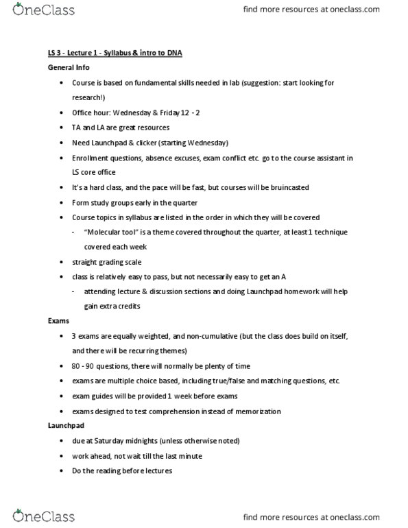 LIFESCI 3 Lecture Notes - Lecture 1: Ribose, Organism, Thymus thumbnail