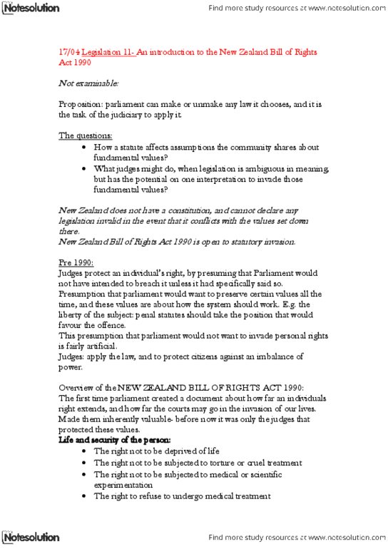 LAWS101 Lecture Notes - Lecture 13: New Zealand Bill Of Rights Act 1990 thumbnail