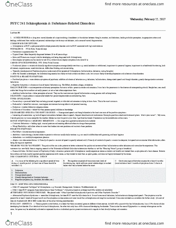 PSYC 241 Lecture Notes - Lecture 6: Auditory Hallucination, Cognitive Behavioral Therapy, Catatonia thumbnail