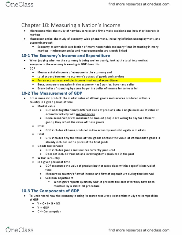 ECON 102 Chapter Notes - Chapter 10: Gdp Deflator, Microeconomics, Seasonal Adjustment thumbnail