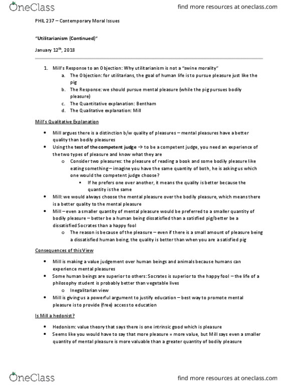 PHIL 237 Lecture Notes - Lecture 3: Experience Machine, Consequentialism thumbnail