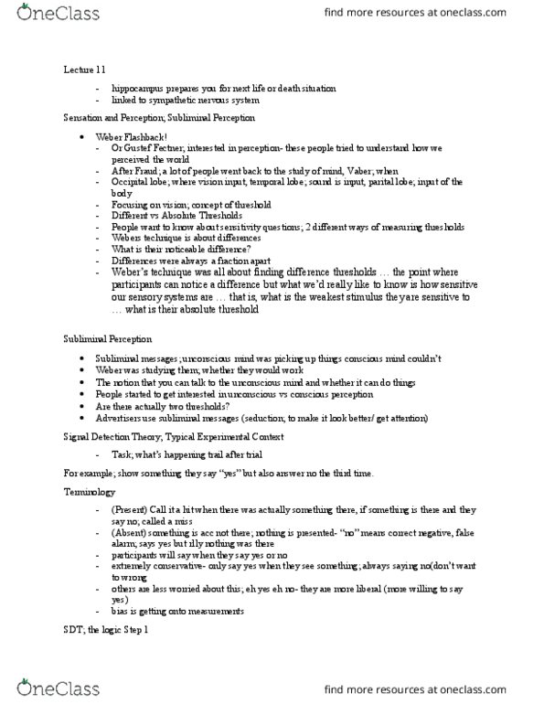 PSYA01H3 Lecture Notes - Lecture 11: Temporal Lobe, Unconscious Mind, Absolute Threshold thumbnail