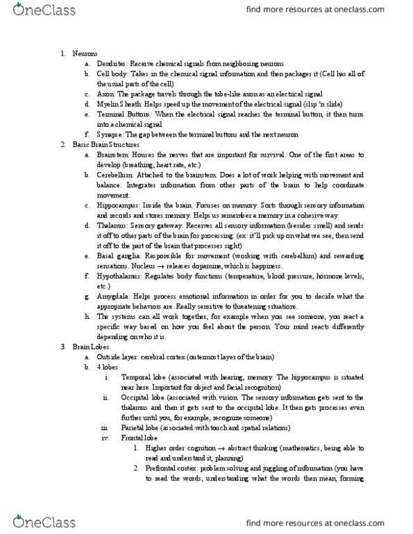 PSYC100 Lecture Notes - Lecture 7: Hypothalamus, Abstraction, Frontal Lobe thumbnail