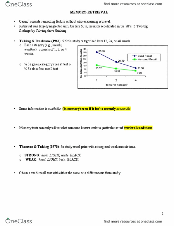 PSY 452 Lecture Notes - Lecture 7: Free Recall, Encoding Specificity Principle, Endel Tulving thumbnail