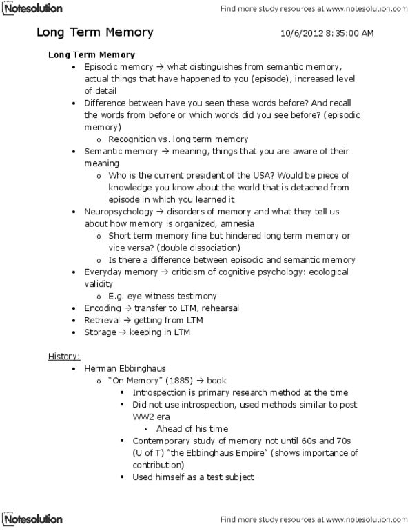 PSYC 2650 Chapter Notes -Hermann Ebbinghaus, Episodic Memory, Short-Term Memory thumbnail