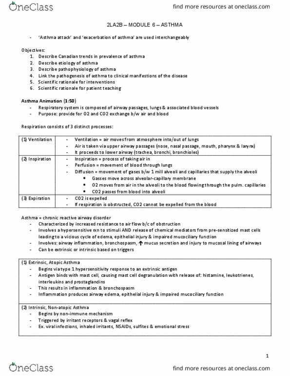 NURSING 2LA2 Lecture Notes - Lecture 6: Wheeze, In Utero, B Cell thumbnail