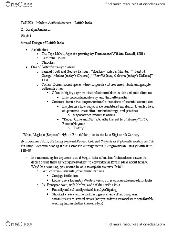 FAH392H5 Lecture Notes - Lecture 1: Maya Jasanoff, White Mughals, Mir Jafar thumbnail