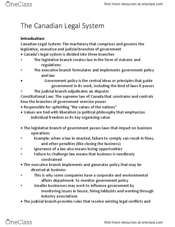Management and Organizational Studies 2275A/B Chapter Notes - Chapter 2: Private Law, Equal Protection Clause, Parliament Of The United Kingdom thumbnail