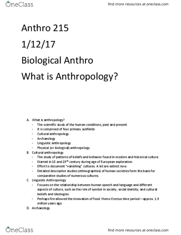 ANTH 210 Lecture Notes - Lecture 3: Paleopathology, Molecular Anthropology, Cultural Anthropology thumbnail