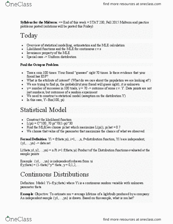 STAT231 Lecture Notes - Lecture 7: Random Variable, Partial Derivative, Statistical Model thumbnail