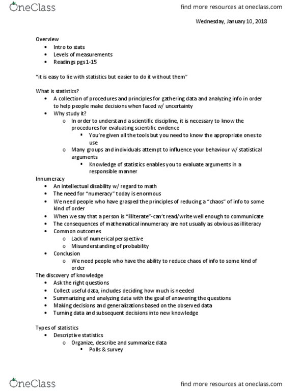KINE 2050 Lecture Notes - Lecture 2: Intellectual Disability, Level Of Measurement, Readwrite thumbnail
