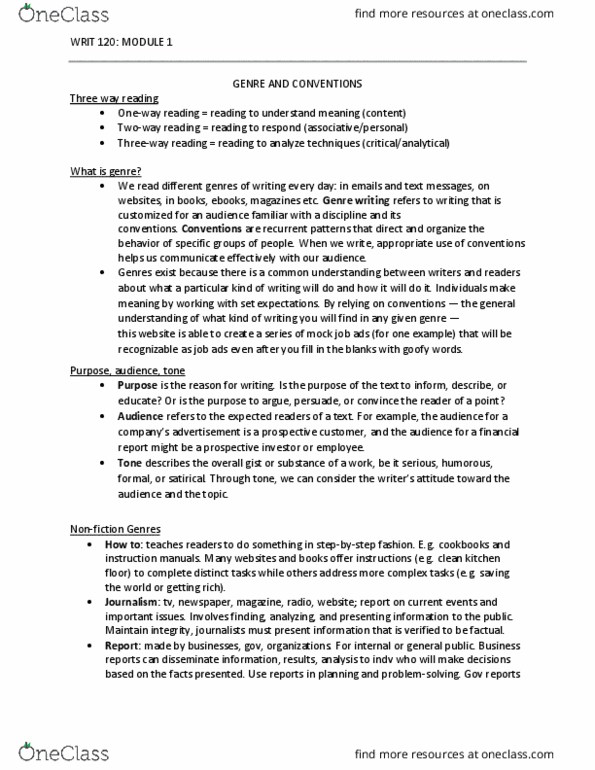 WRIT 120 Lecture Notes - Lecture 1: Academic Writing, Creative Nonfiction, Technical Writing thumbnail