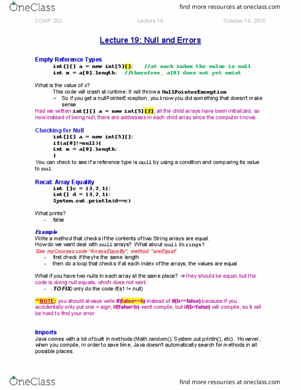 COMP 202 Lecture Notes - Lecture 19: Null Pointer, Null Character, Mediacorp thumbnail