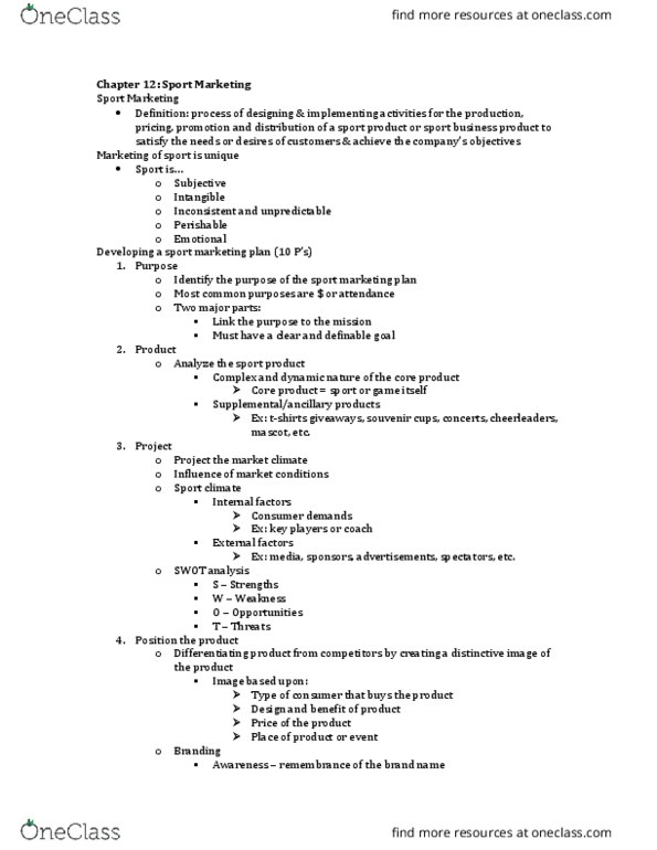 KINE 3360 Lecture Notes - Lecture 10: Psychographic, Swot Analysis thumbnail