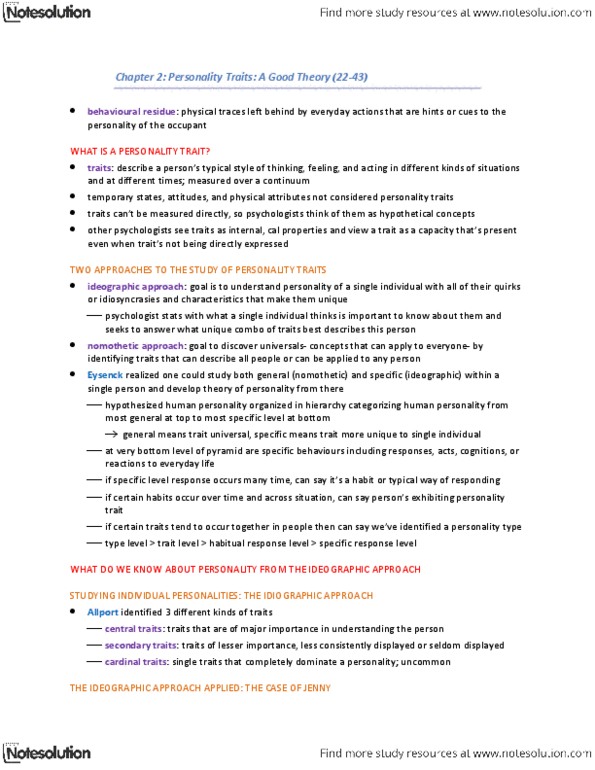 PSYB30H3 Chapter Notes - Chapter 2: Nomothetic, Psychoticism, Trait Theory thumbnail