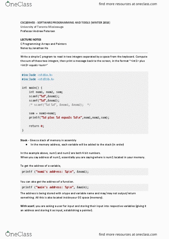 CSC209H5 Lecture Notes - Lecture 2: Memory Address, Scanf Format String, Gnu Compiler Collection thumbnail