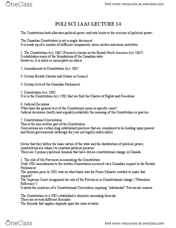 POLSCI 1AA3 Lecture Notes - Lecture 14: Unanimous Consent, Patriation Reference, Constitution Act, 1982 thumbnail