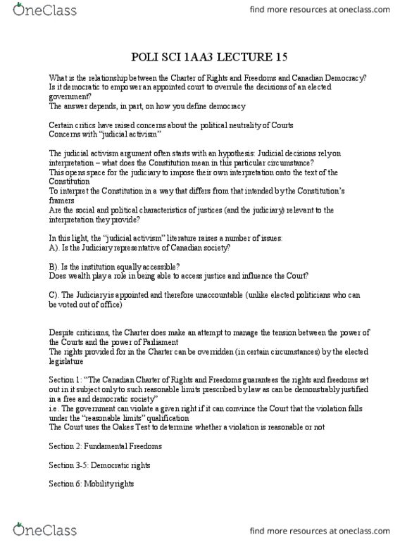 POLSCI 1AA3 Lecture Notes - Lecture 15: Section 33 Of The Canadian Charter Of Rights And Freedoms, Judicial Activism thumbnail