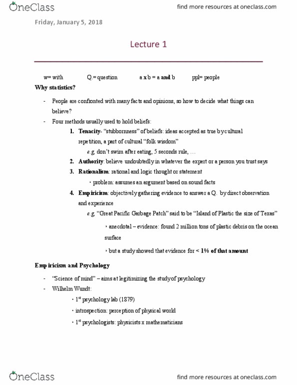 PSYC 2260 Lecture Notes - Lecture 1: Wilhelm Wundt, Empiricism, Falsifiability thumbnail