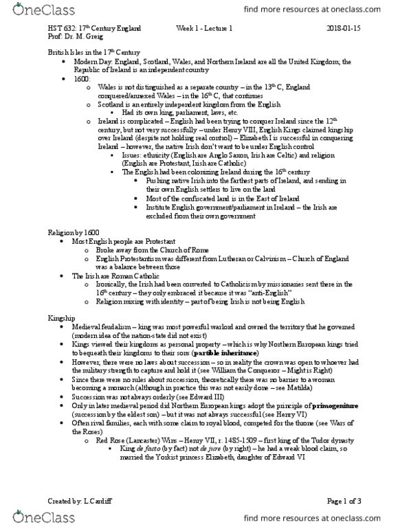 HST 632 Lecture Notes - Lecture 1: Puritans, Margaret King, Lord Steward thumbnail