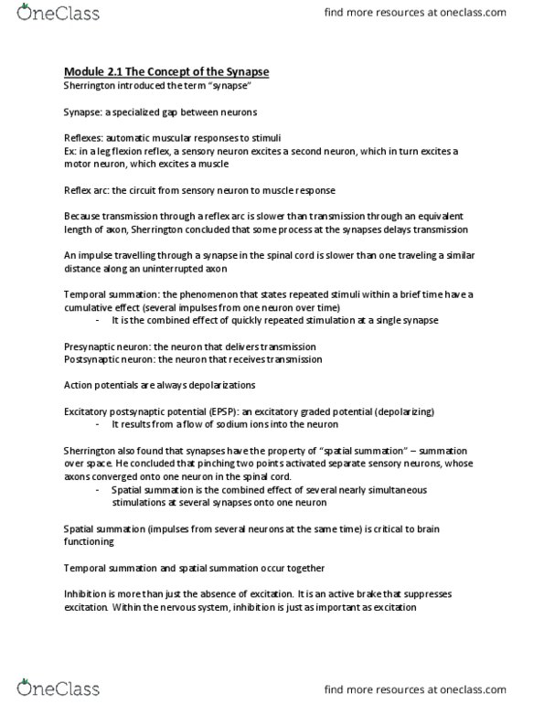 PSYCH261 Chapter Notes - Chapter 2: Reflex Arc, Sensory Neuron, Motor Neuron thumbnail