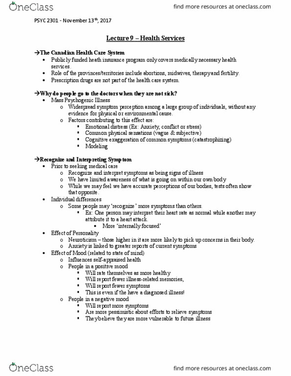 PSYC 2301 Lecture Notes - Lecture 9: Health Care In Canada, Neuroticism, Mass Psychogenic Illness thumbnail