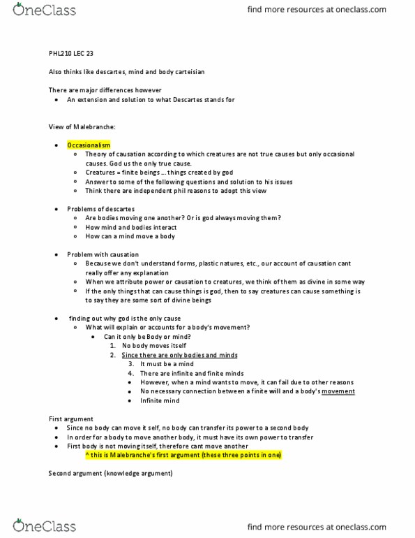 PHL210Y5 Lecture Notes - Lecture 23: Occasionalism, Knowledge Argument thumbnail