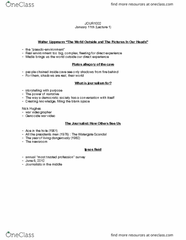 JOUR 1002 Lecture Notes - Lecture 1: Watergate Scandal, Walter Lippmann, Ipsos thumbnail