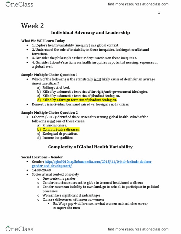 Nursing 3310A/B Lecture Notes - Lecture 2: World View, Global Health, Financial Transaction Tax thumbnail