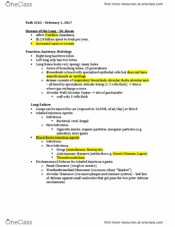 Pathology 3245B Lecture Notes - Lecture 2: Restrictive Lung Disease, Cancer Staging, Pleurisy thumbnail
