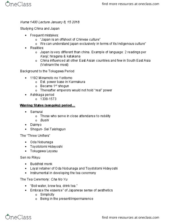 HUMA 1400 Lecture Notes - Lecture 13: Agrarian System, Military Elite, Katakana thumbnail