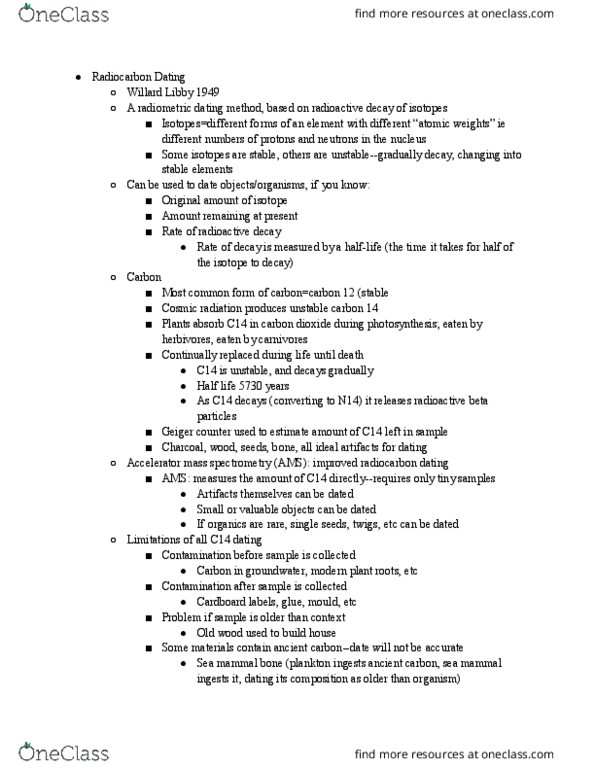 ANT100Y1 Lecture Notes - Lecture 9: Cosmic Ray, Carbon-12, Stone Tool thumbnail