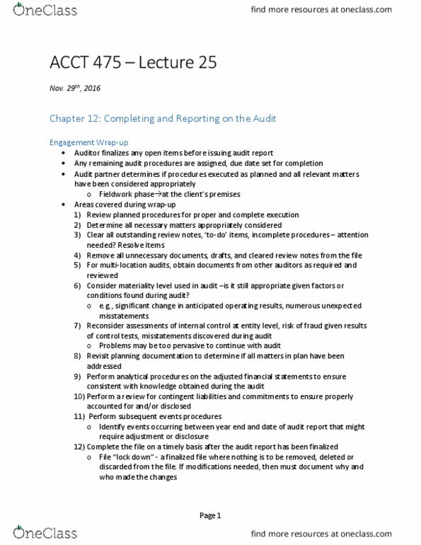 ACCT 475 Lecture Notes - Lecture 25: Audit Evidence, Bilocation, Costs In English Law thumbnail