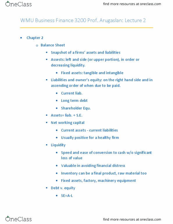 FIN 3200 Lecture Notes - Lecture 2: Operating Cash Flow, Current Liability, Cash Flow thumbnail