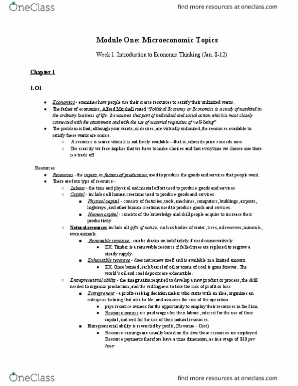ECON 1BB3 Lecture Notes - Lecture 1: Ceteris Paribus, Division Of Labour, Externality thumbnail