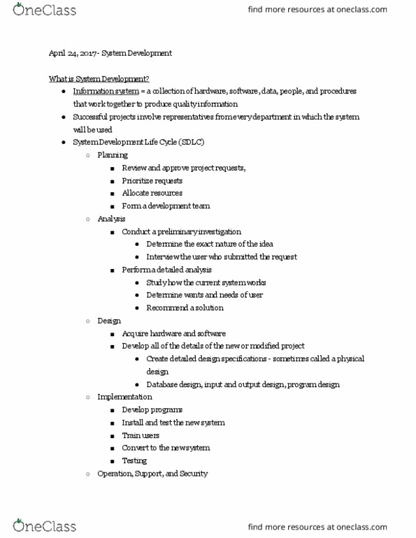 IST 195 Lecture Notes - Lecture 20: Systems Development Life Cycle, Database Design, Information System thumbnail