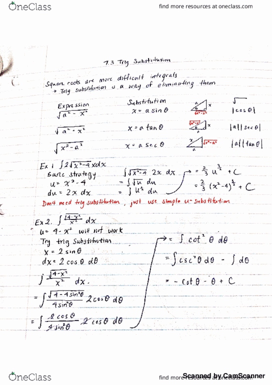 Calculus 1301A/B Lecture 6: 7.3 Trig Substitution (con't) thumbnail