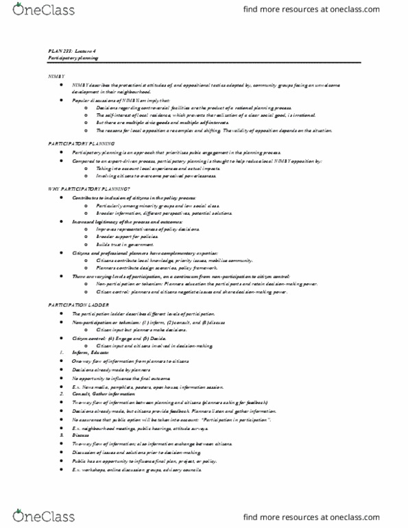 PLAN233 Lecture Notes - Lecture 4: Participatory Planning, Participatory Budgeting, Nimby thumbnail