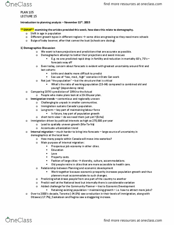 PLAN105 Lecture Notes - Lecture 9: Regional Municipality Of Waterloo, Dependency Ratio, Spatial Analysis thumbnail