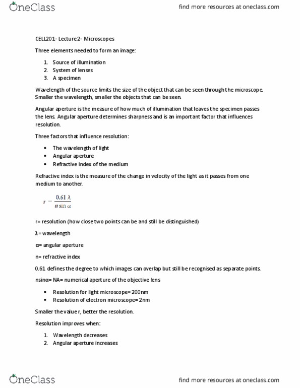 CELL201 Lecture Notes - Lecture 1: Numerical Aperture, Electron Microscope, Oil Immersion thumbnail