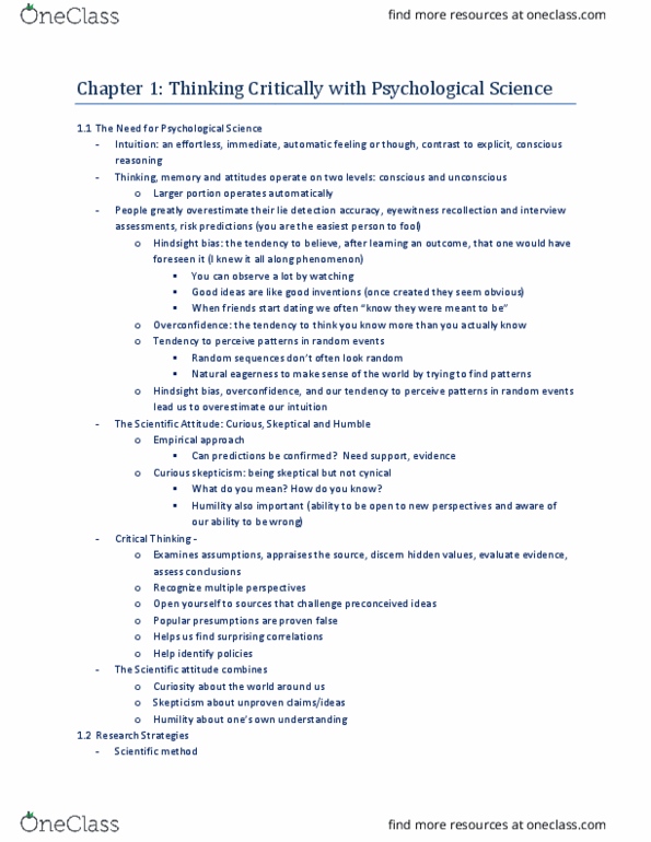 PSYC 100A Lecture Notes - Lecture 4: Hindsight Bias, Lie Detection, Psychological Science thumbnail