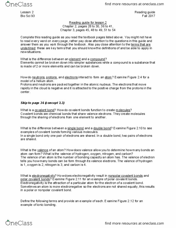 BIO SCI 93 Chapter Notes - Chapter 2: Chemical Polarity, Ionic Bonding, Atomic Nucleus thumbnail