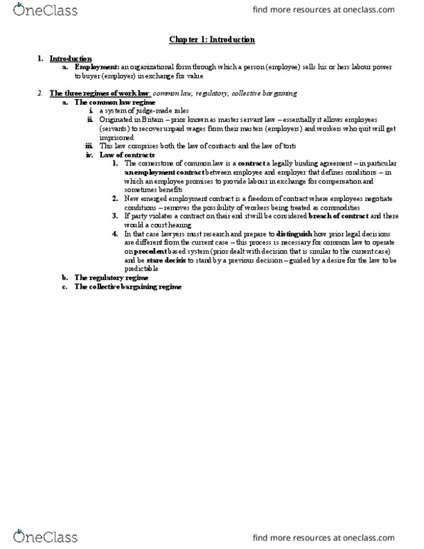 HRM 3420 Chapter Notes - Chapter 1: Contract, Labour Power, Precedent thumbnail
