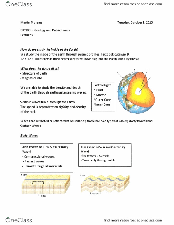 ERS103H5 Lecture Notes - Lecture 5: Seismic Wave, Outer Core, Lithosphere thumbnail